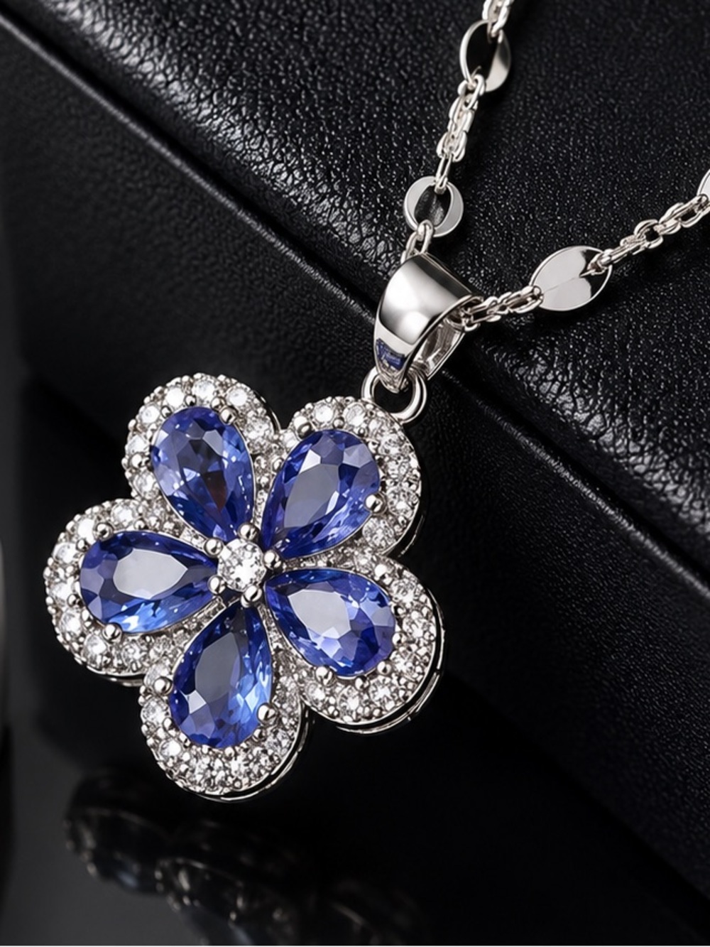Silver Necklace with Blue Floral Pendant - Picture 6 of 6